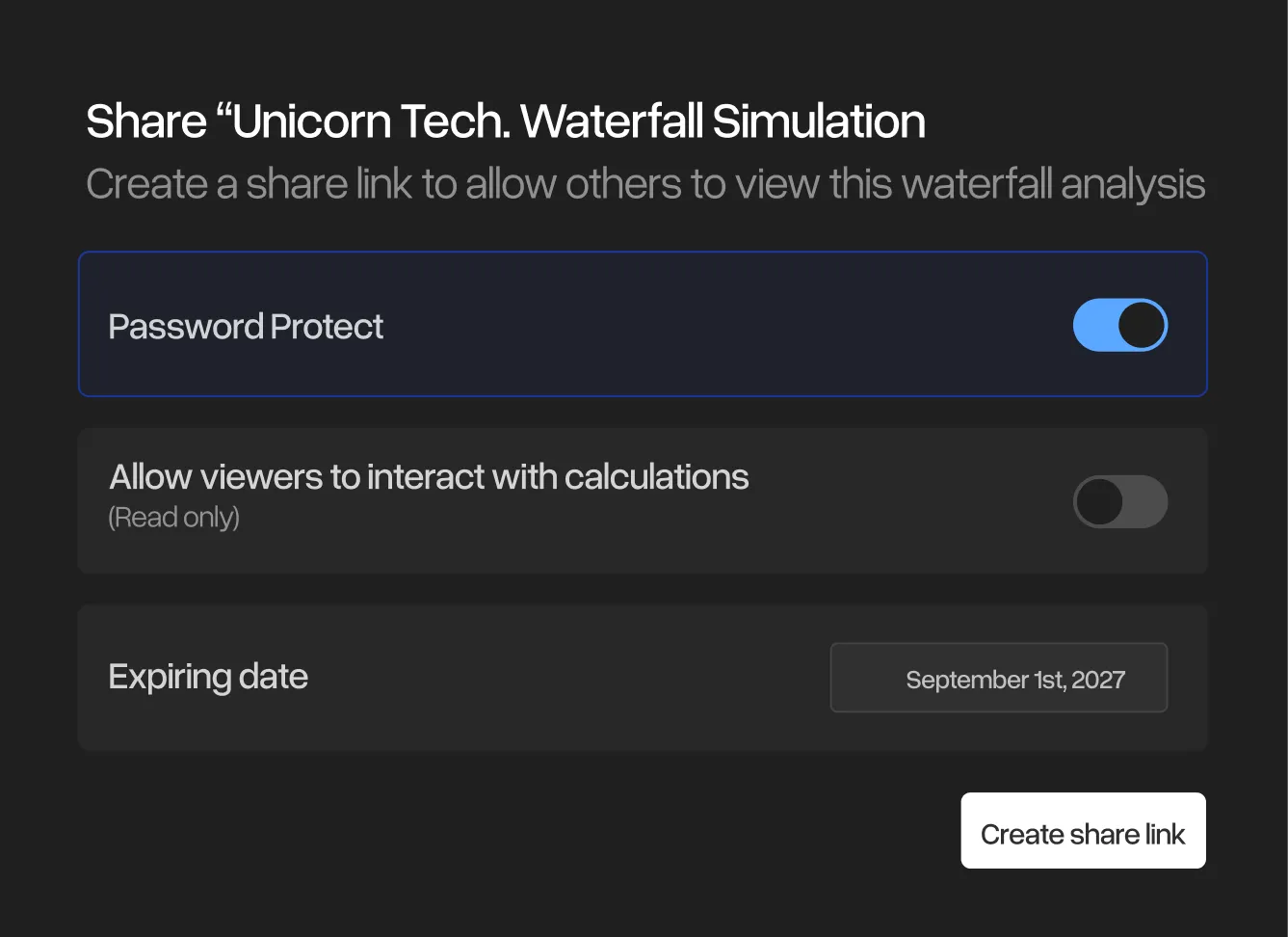 Sharing a live waterfall model via secure link with stakeholders
